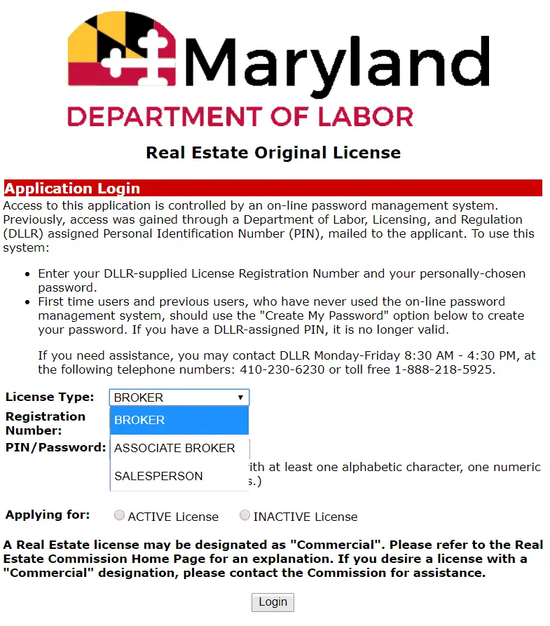 Maryland Real Estate Commission Licensing Website