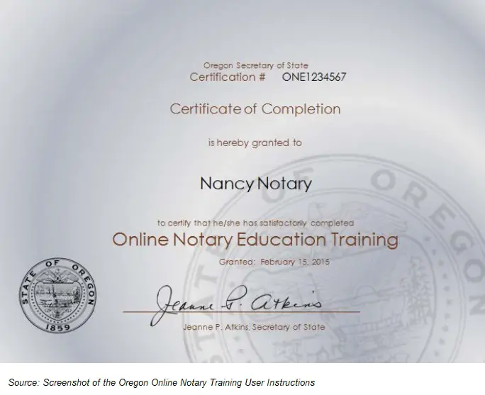 Oregon notary training certificate of completion