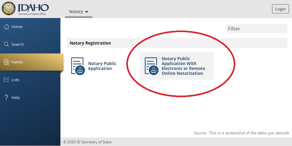 Idaho Secretary of State online application 