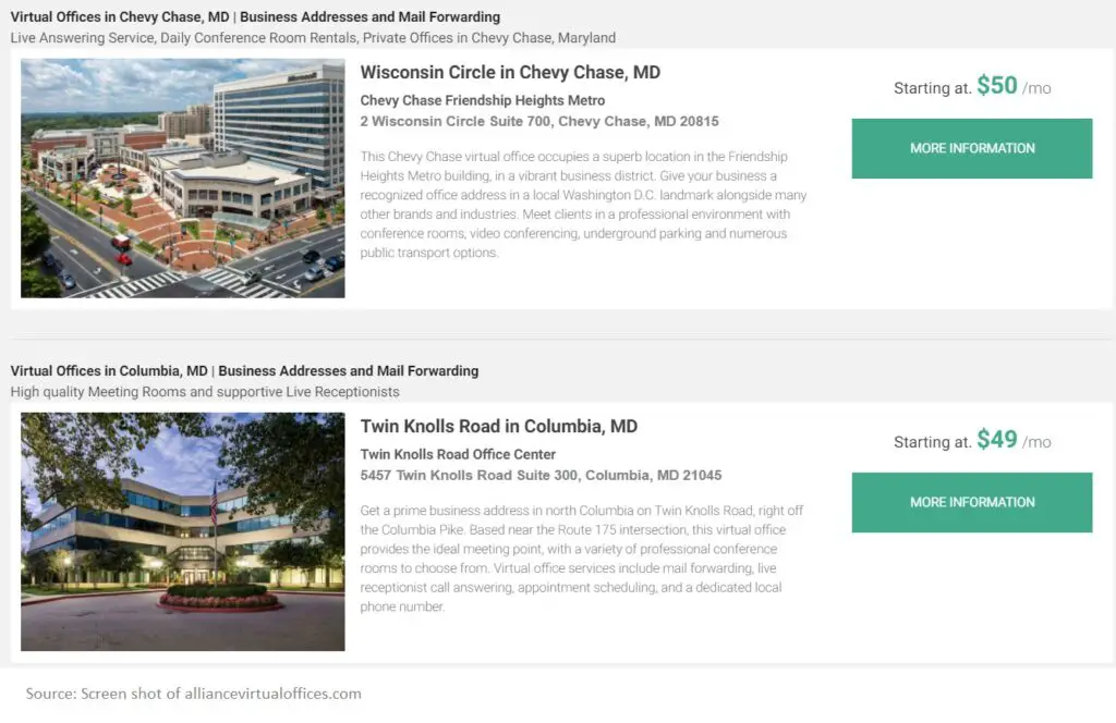 Maryland virtual office listings on alliancevirtualoffices.com