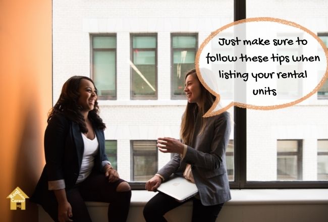Property manager sharing rental listing tips with colleague
